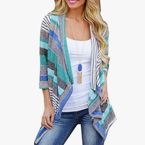🔸️Blue, Teal, & Gray Striped Cascading Open Front Cardigan Kimono Large - Picture 2 of 12